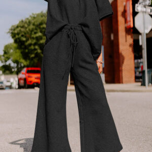 Black Textured Loose Fit T Shirt and Drawstring Pants Set