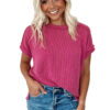 Rose Red Textured Knit Exposed Stitching T-shirt - Image 6