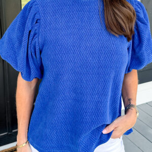 Sky Blue Solid Textured Puff Sleeve Mock Neck Blouse