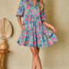 Green Leopard Print Bubble Sleeve Slit Neck Ruffled Dress - Image 6