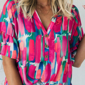 Rose Abstract Brushwork Print Buttoned V Neck Blouse