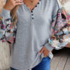Gray Floral Lantern Sleeve Patchwork Buttoned V Neck Top - Image 5
