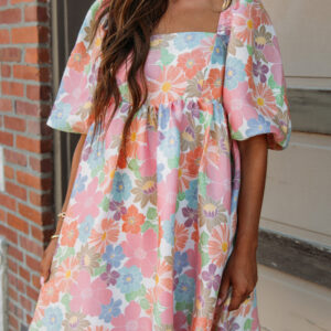 Pink Summer Floral Square Neck Puff Sleeve Babydoll Dress