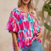 Rose Abstract Brushwork Print Buttoned V Neck Blouse - Image 11