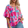 Rose Abstract Brushwork Print Buttoned V Neck Blouse - Image 15