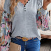Gray Floral Lantern Sleeve Patchwork Buttoned V Neck Top - Image 3