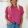 Rose Red Textured Knit Exposed Stitching T-shirt - Image 5