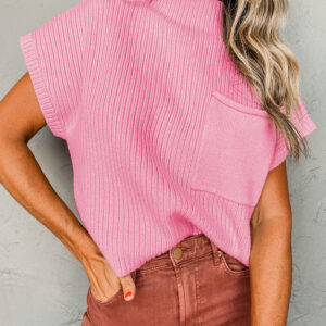 Pink Patch Pocket Ribbed Knit Short Sleeve Sweater