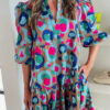 Green Leopard Print Bubble Sleeve Slit Neck Ruffled Dress - Image 11