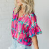 Rose Abstract Brushwork Print Buttoned V Neck Blouse - Image 3