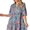 Green Leopard Print Bubble Sleeve Slit Neck Ruffled Dress - Image 13