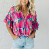Rose Abstract Brushwork Print Buttoned V Neck Blouse - Image 7