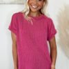 Rose Red Textured Knit Exposed Stitching T-shirt - Image 2