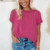 Rose Red Textured Knit Exposed Stitching T-shirt - Image 4