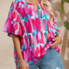 Rose Abstract Brushwork Print Buttoned V Neck Blouse - Image 9