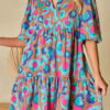 Green Leopard Print Bubble Sleeve Slit Neck Ruffled Dress - Image 7