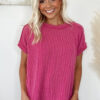 Rose Red Textured Knit Exposed Stitching T-shirt - Image 3