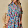 Green Leopard Print Bubble Sleeve Slit Neck Ruffled Dress - Image 5