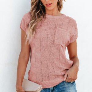 Dusty Pink Lattice Textured Knit Short Sleeve Sweater