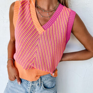 Strawberry Pink Contrast Chevron Knit V Neck Sweater Vest