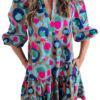 Green Leopard Print Bubble Sleeve Slit Neck Ruffled Dress - Image 12