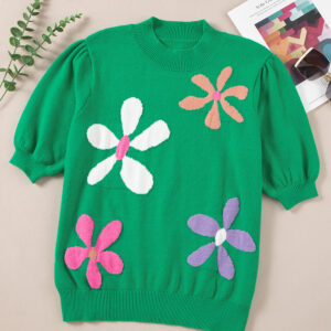 Bright Green Floral Bubble Short Sleeve Sweater