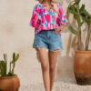 Rose Abstract Brushwork Print Buttoned V Neck Blouse - Image 13