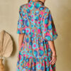 Green Leopard Print Bubble Sleeve Slit Neck Ruffled Dress - Image 2