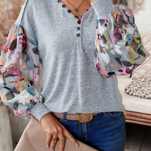 Gray Floral Lantern Sleeve Patchwork Buttoned V Neck Top