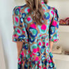 Green Leopard Print Bubble Sleeve Slit Neck Ruffled Dress - Image 10