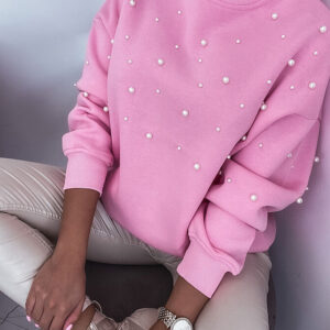 Bonbon Pearl Detail Ribbed Crew Neck Sweatshirt