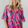Rose Abstract Brushwork Print Buttoned V Neck Blouse - Image 4