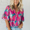 Rose Abstract Brushwork Print Buttoned V Neck Blouse - Image 5