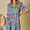 Green Leopard Print Bubble Sleeve Slit Neck Ruffled Dress - Image 3