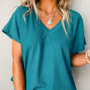 Blue Sapphire Crinkled V Neck Wide Sleeve T-shirt