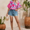 Rose Abstract Brushwork Print Buttoned V Neck Blouse - Image 14