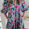 Green Leopard Print Bubble Sleeve Slit Neck Ruffled Dress - Image 9