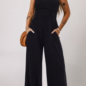 Black Cinched Waist Sleeveless Wide Leg Jumpsuit