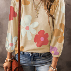 Apricot Cute Flower Print Bracelet Sleeve Top