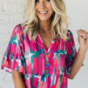 Rose Abstract Brushwork Print Buttoned V Neck Blouse - Image 8