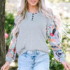 Gray Floral Lantern Sleeve Patchwork Buttoned V Neck Top - Image 6