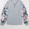 Gray Floral Lantern Sleeve Patchwork Buttoned V Neck Top - Image 12