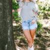 Gray Floral Lantern Sleeve Patchwork Buttoned V Neck Top - Image 9