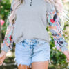 Gray Floral Lantern Sleeve Patchwork Buttoned V Neck Top - Image 11