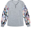 Gray Floral Lantern Sleeve Patchwork Buttoned V Neck Top - Image 19