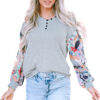 Gray Floral Lantern Sleeve Patchwork Buttoned V Neck Top - Image 18
