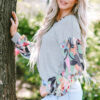 Gray Floral Lantern Sleeve Patchwork Buttoned V Neck Top - Image 8