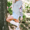 Gray Floral Lantern Sleeve Patchwork Buttoned V Neck Top - Image 10