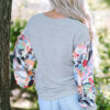 Gray Floral Lantern Sleeve Patchwork Buttoned V Neck Top - Image 7